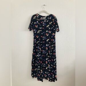 Vintage Dark Floral Maxi Shirt Dress Button Down Whimsical Bloomcore Tie Waist